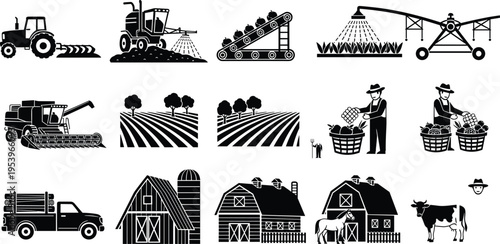 Agriculture farming icon set with tractor, irrigation system, harvesting machine, orchard fields, barn, farmer and livestock, black silhouette rural elements for agribusiness design
