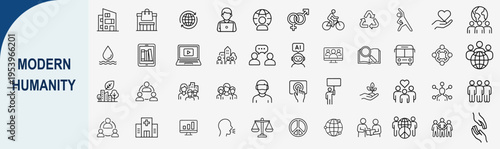Modern humanity icons set, outline style, social society and human rights symbols