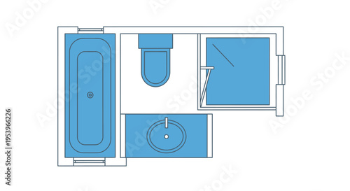 Bathroom Floor Plan Layout with Bathtub, Toilet, Sink, and Shower Stall - 2D Architectural Schematic Top View
