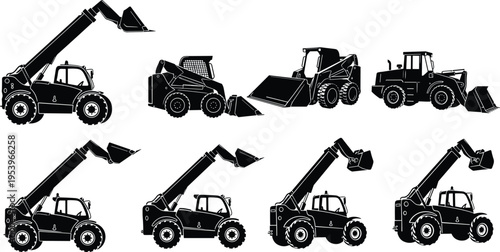 Construction and agricultural loader machinery silhouette set isolated illustration, including telehandler, skid steer, and front loader equipment for lifting, transport, and industrial operations