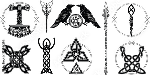 Viking symbols with Thor hammer, ravens and knotwork ornaments, Norse mythology sacred emblems and ancient runic style vector illustration set