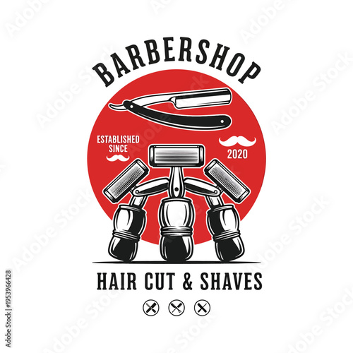 Classic barbershop services vector emblem featuring vintage shaving and hair styling tools