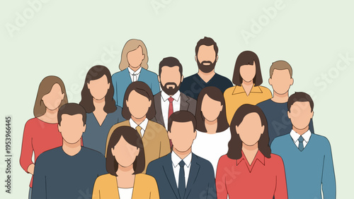 Diverse group of professionals standing together, symbolizing teamwork and unity in a modern workplace setting