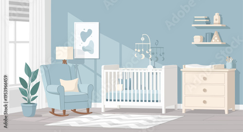 Modern Baby Nursery Interior Vector Illustration - Scandinavian Style Nursery with White Crib and Blue Rocking Chair