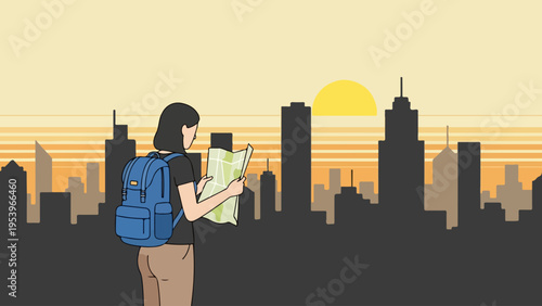 A woman with a backpack and map exploring a city skyline at sunset, representing travel and adventure