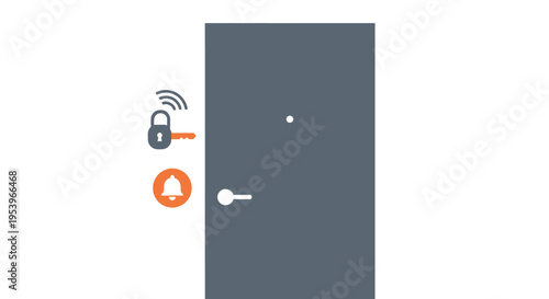 Smart Home Security Door System with Digital Wireless Lock and Notification Bell Alarm Icons - Minimalist Flat Vector Illustration