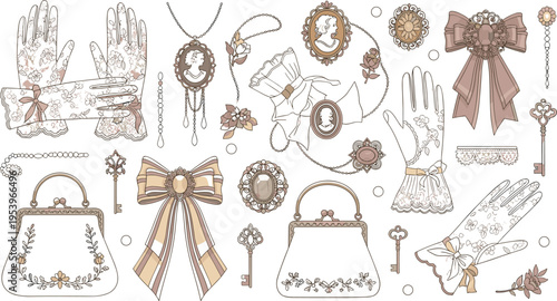 Vintage fashion accessories collection with lace gloves brooch necklace ribbon bow handbag and antique keys flat vector illustration set