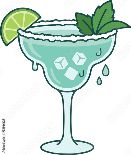 Vector illustration of a refreshing cocktail in a margarita glass with ice cubes, lime slice, and mint leaves.