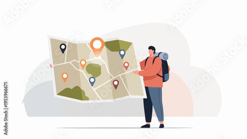 Curious traveler with a backpack consults a detailed map marked with colorful location pins, meticulously planning an exciting journey or navigating a new adventure
