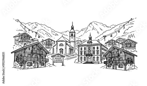 Morzine France Hand Drawn Architectural Sketch Vector Alpine Town Landmark Illustration