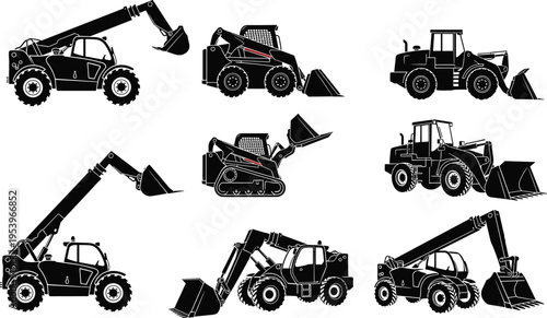 Heavy construction loader and telehandler machinery silhouette set isolated illustration, including skid steer and front loader equipment for lifting, excavation, and material handling tasks