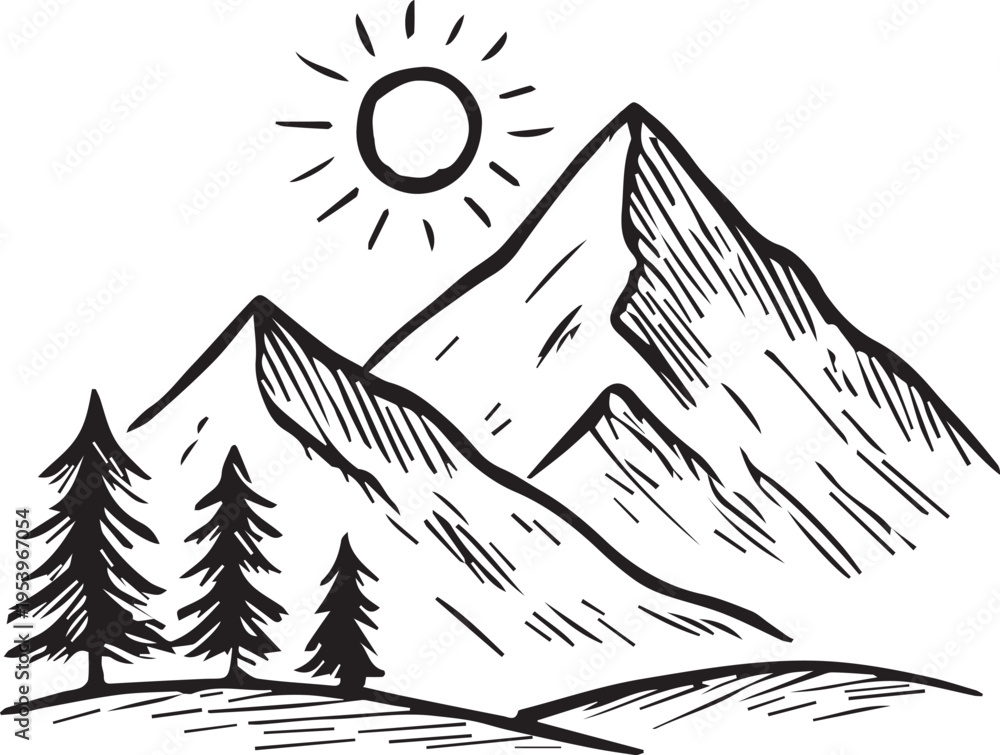 Obraz premium Mountain Landscape Sketch: Minimalist Hand-Drawn Nature Illustration