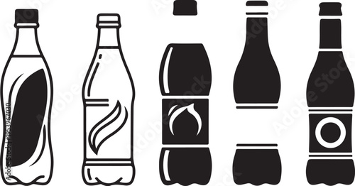 Black and white illustration of various soda bottles and cans