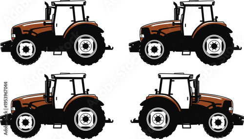 Modern agricultural tractor set in multiple angles isolated illustration, heavy farming machinery for field work, cultivation, transport, and rural industry equipment on clean background
