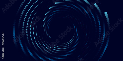 Abstract background with glowing blue hexagons in circular vortex pattern. Digital vector design with geometric hexagonal particles and light effect for sci-fi themes or modern UI backgrounds.