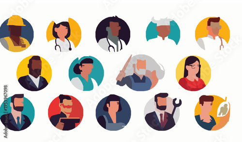 Professional worker avatar icon set with diverse careers in circular frames vector illustration isolated on white