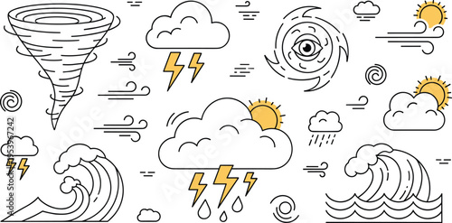 Weather icons set with tornado, clouds, rain, lightning and waves, minimal line art climate elements vector illustration collection