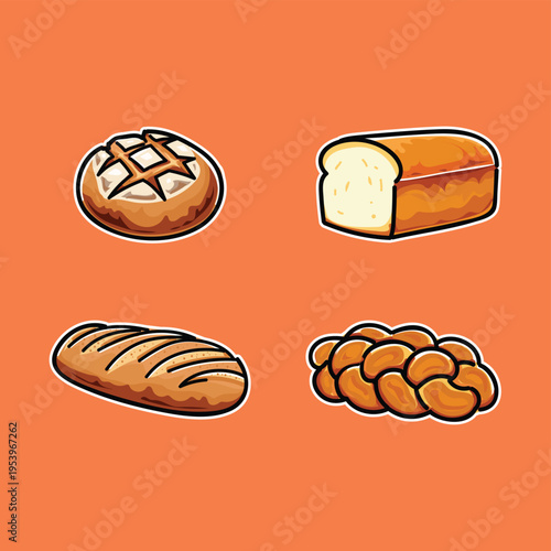 Cartoon Bread Sticker Set Featuring Loaf, Baguette, Round Bread And Braided Challah On Orange