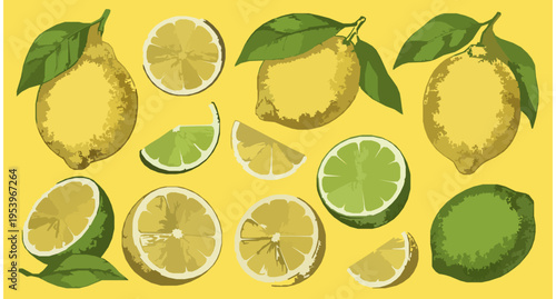 Hand Drawn Lemon and Lime Set Engraved Style Citrus Fruit Vector Illustrationi
