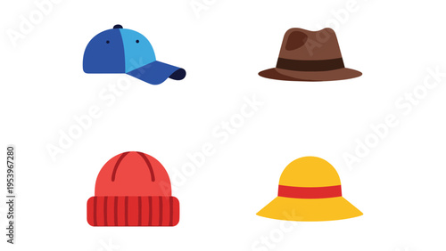 Colorful variety of stylish hats displayed in a simple graphic layout