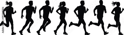 Running silhouettes set, male and female athlete group sprinting vector, black jogger icons, marathon fitness people shapes isolated on white.