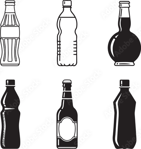 Six different types of beverage bottles illustrations