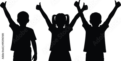 Happy children silhouettes showing thumbs up, group of kids celebrating success vector, black young boy and girl shapes, childhood friendship.