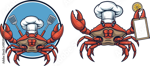 Chef Crab Character with Cooking Tools and Menu Board for Restaurant, Seafood, and Fun Culinary Illustrations