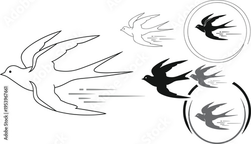 Stylized Flying Bird Illustration Set with Dynamic Motion Lines and Circular Frame for Logo, Branding, and Nature Designs