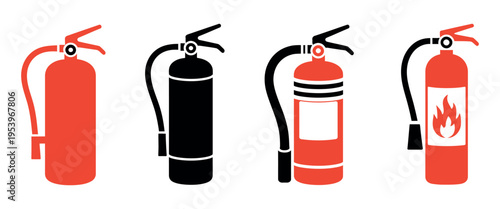 Fire Extinguisher Icon Set Showing Workplace Safety Fire Protection Emergency Signage Firefighter Equipment Industrial Hazard Prevention Vector Illustration
