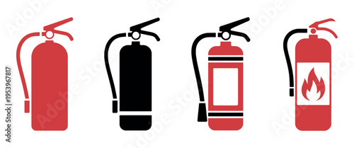 Fire Extinguisher Icon Set Showing Workplace Safety Fire Protection Emergency Signage Firefighter Equipment Industrial Hazard Prevention Vector Illustration