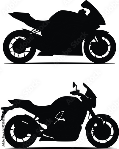 Sport motorbike and naked bike silhouettes set, modern motorcycle side view vector icons, black fast superbike shapes isolated on white.