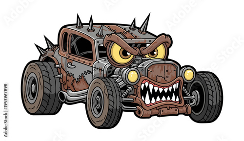 Cartoonish rusty hot rod with spikes and angry face on black background