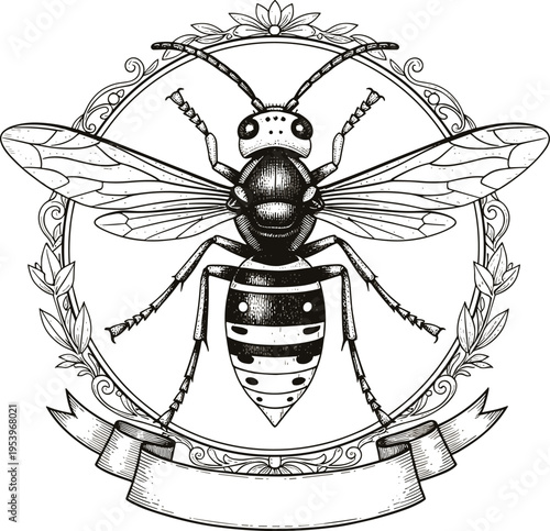 Vintage Bee Illustration with Ornate Floral Frame and Banner for Nature, Eco-Friendly, and Decorative Branding