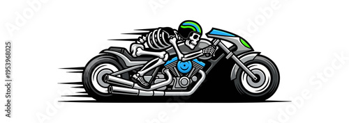 Skeleton rider on a motorcycle isolated illustration against black background
