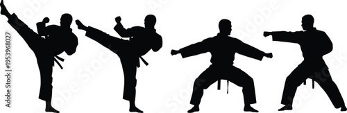 Martial arts silhouettes set, karate and taekwondo fighter poses vector, black judo athlete kicking and punching, sport combat training icons.