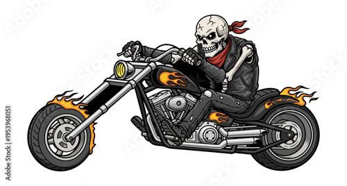Skeleton rider on motorcycle with flames illustration