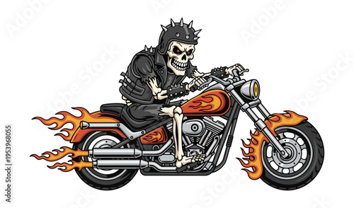 Skeleton rider on motorcycle with flames illustration