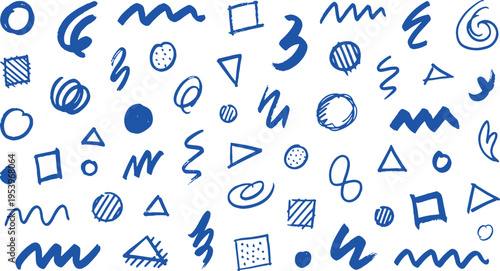 Collection of hand-drawn blue scribble shapes, geometric forms, and abstract doodles on white background, creative design elements, abstract doodles serve as versatile design elements