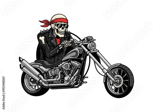 Skeleton riding motorcycle vector illustration on black background