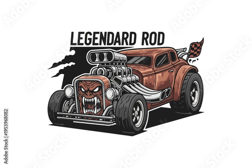 Vintage hot rod illustration with aggressive face and checkered flag