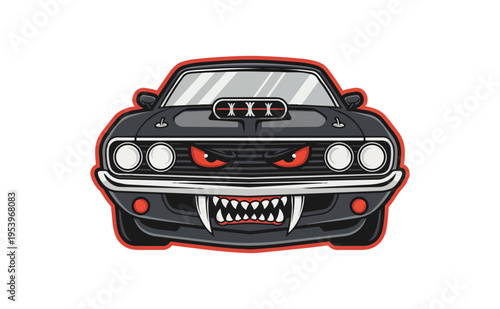 Vintage muscle car illustration with aggressive styling and fiery eyes