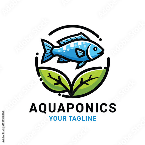 Aquaponics System Concept Illustration with Fish and Plant Leaves Emblem Design
