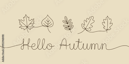 One-line autumn leaves and greeting in minimalist line style on beige background, symbolizing seasonal change and warmth
