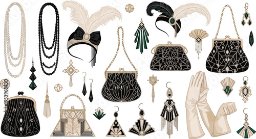 Art deco vintage fashion accessories collection with pearl necklaces feather headpieces handbags earrings and elegant jewelry flat vector illustration