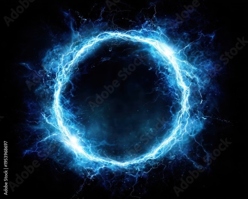 An electrifying blue energy ring on a dark background. The glowing circle is emitting arcs of electricity. 