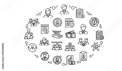 Minimal employee benefits outline icons circle layout with insurance teamwork pension editable stroke vector set