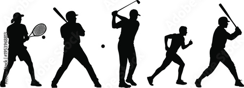 Black silhouettes of athletes including tennis player baseball batter golf swing and runner isolated on white background for sports competition concepts