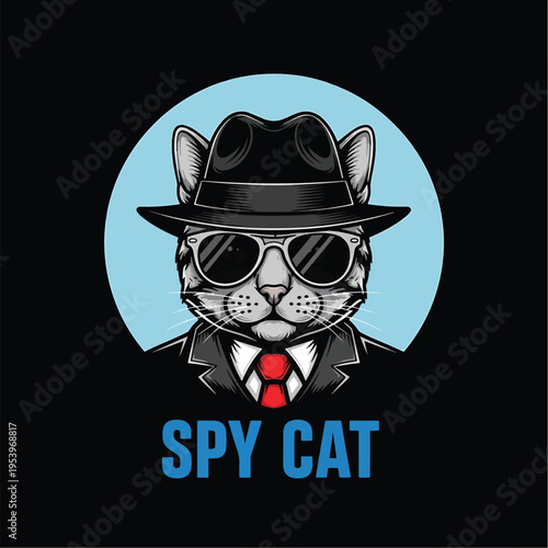 Cool Feline Secret Agent Illustration in Fedora and Sunglasses Posing for a Mysterious Mission