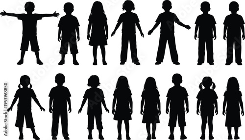 Black silhouettes of diverse group of boys and girls standing in various poses isolated on white background for school and education concepts